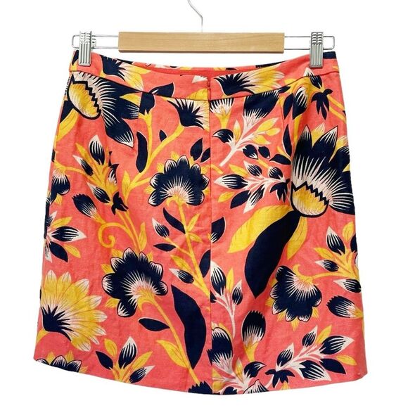 J. Crew Linen Postage Stamp Mini Skirt Coral Navy Hibiscus Floral Print Size 0 - Picture 3 of 10